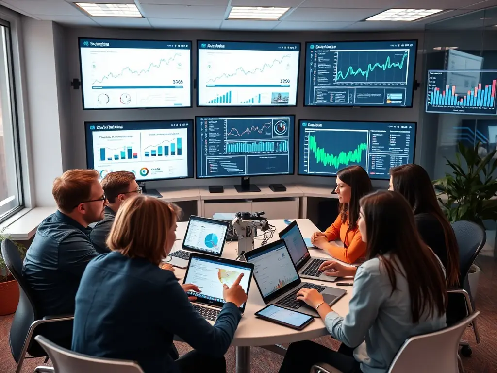 A professional workspace showcasing a team brainstorming SEO strategies on a whiteboard, surrounded by computer screens displaying keyword analytics and website performance data.