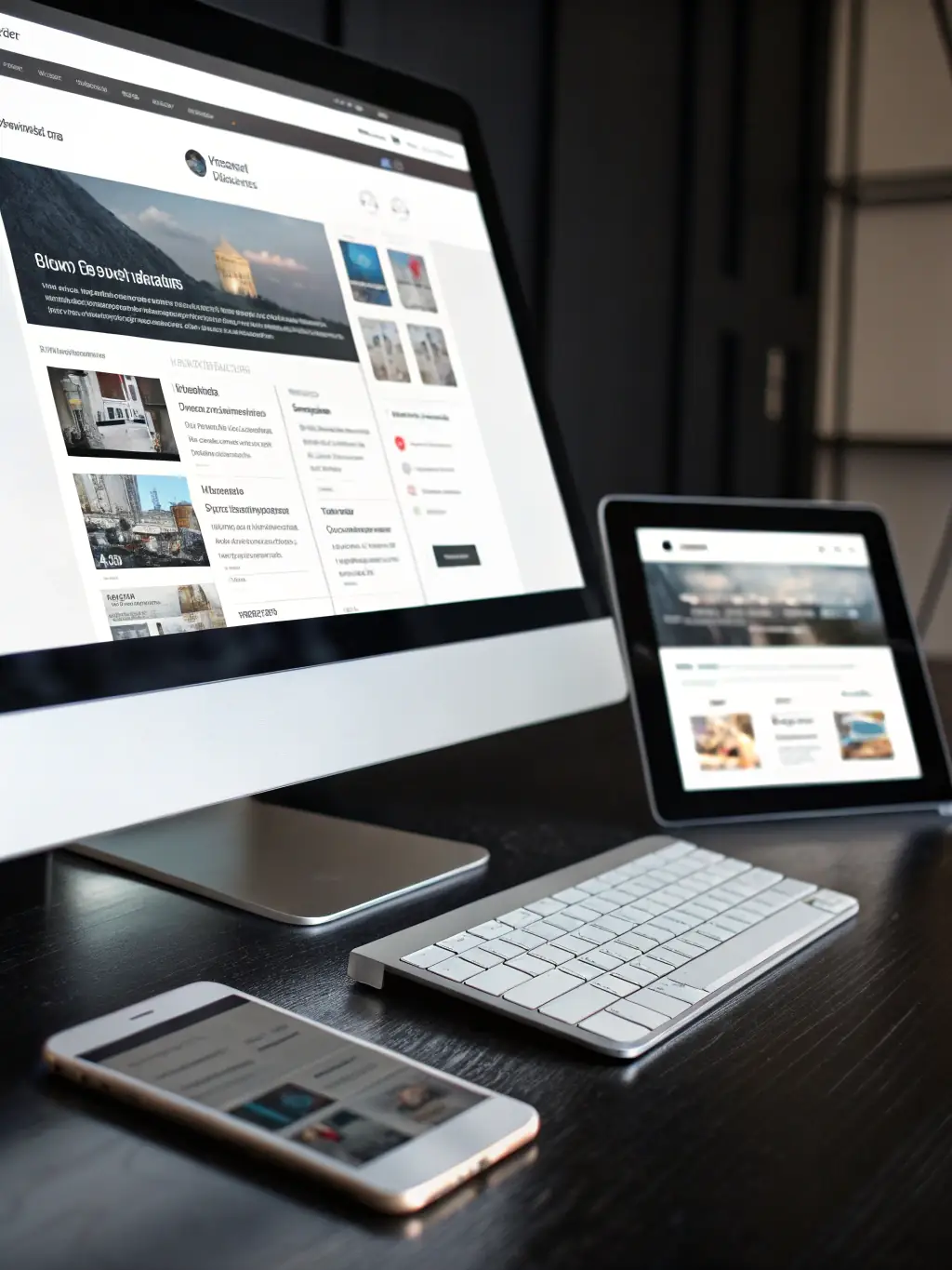 A sleek, modern website design displayed on various devices (desktop, tablet, mobile), showcasing responsive design principles.