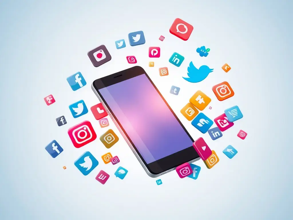 A vibrant image of social media icons floating around a smartphone, symbolizing targeted advertising campaigns and engaging content creation for various platforms.