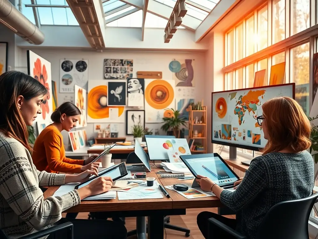 A creative studio environment with designers and content creators working on visually appealing graphics and compelling video content, emphasizing the agency's content creation capabilities.