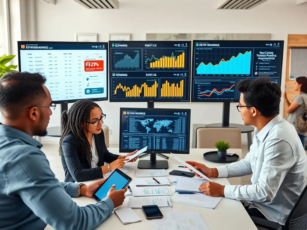 A professional workspace featuring a team collaborating on SEO strategies, with charts and data visualizations displayed on large monitors, emphasizing data-driven decision-making.
