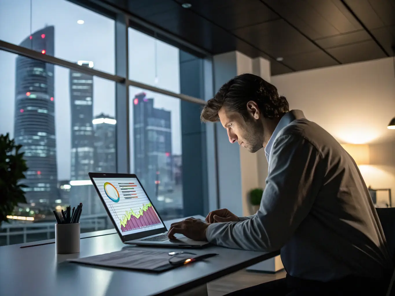 A professional consultant is reviewing analytics data on a laptop, with charts showing upward trends in website traffic and sales conversions, set in a modern office environment.