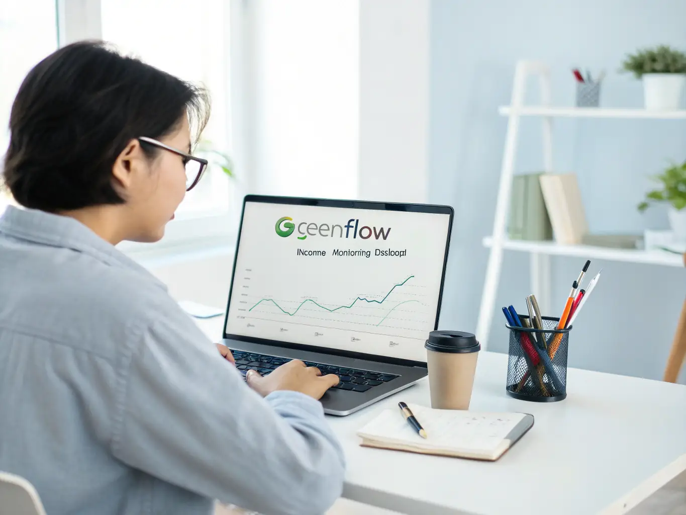A consultant reviewing digital marketing analytics on a laptop, with charts and graphs displayed on the screen, in a modern office setting.