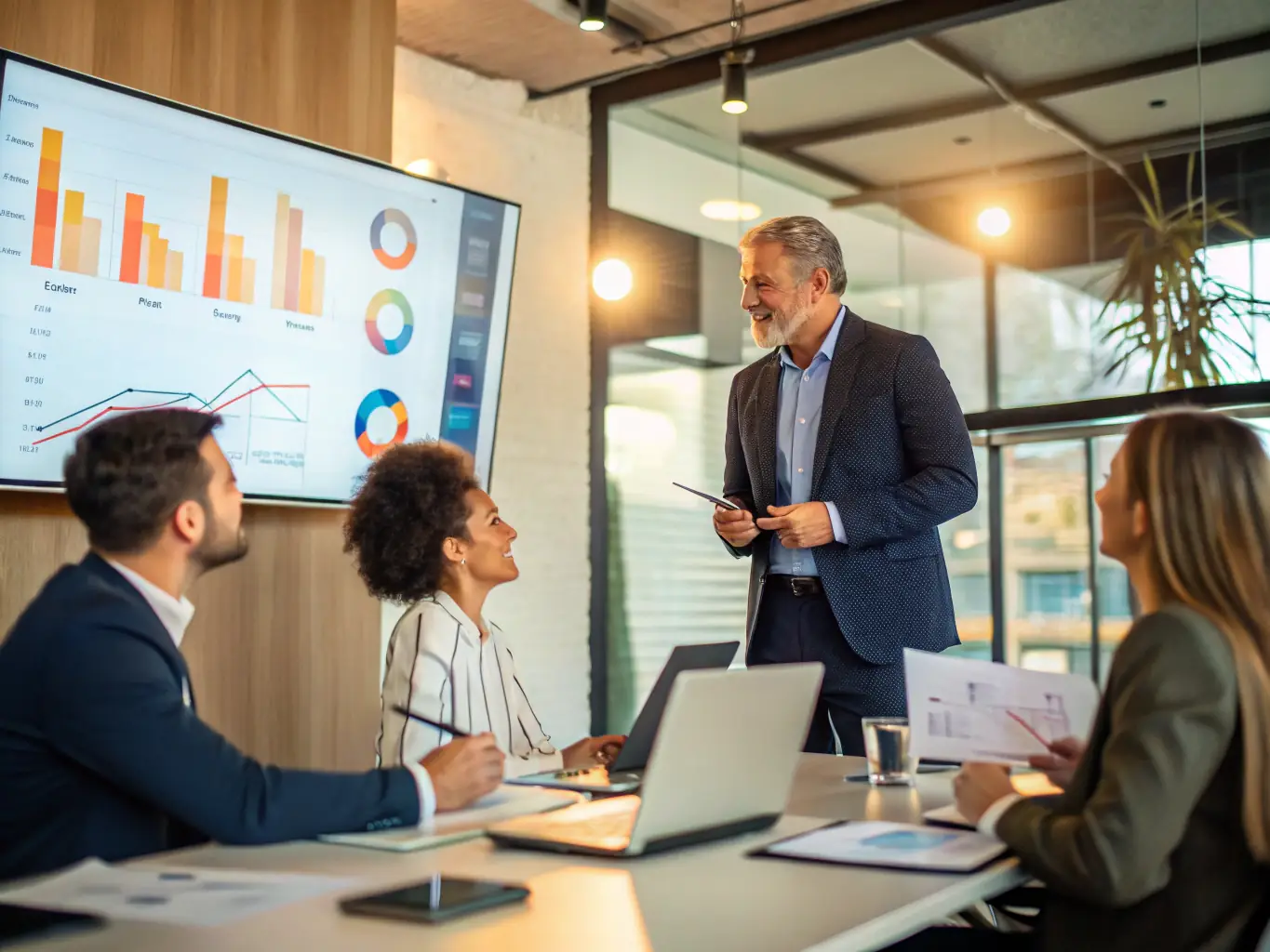 An image of a consultant presenting a social media strategy to a team, with a focus on enhancing brand performance and customer engagement through social media platforms.