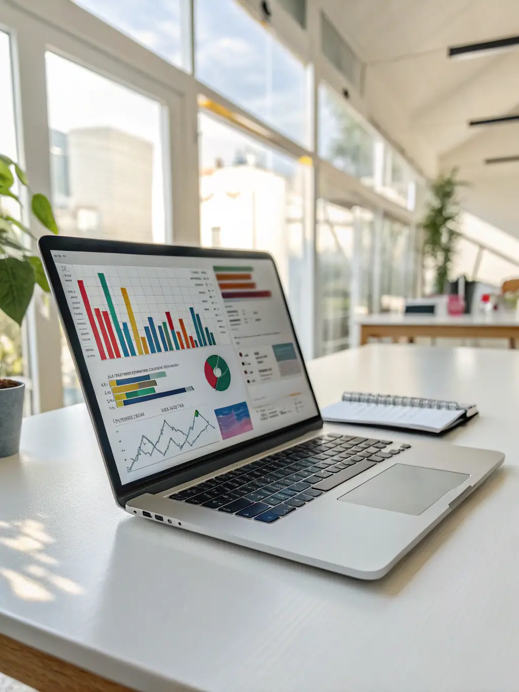 A professional workspace featuring a laptop displaying SEO analytics, surrounded by notebooks and digital devices, symbolizing SEO optimization services.