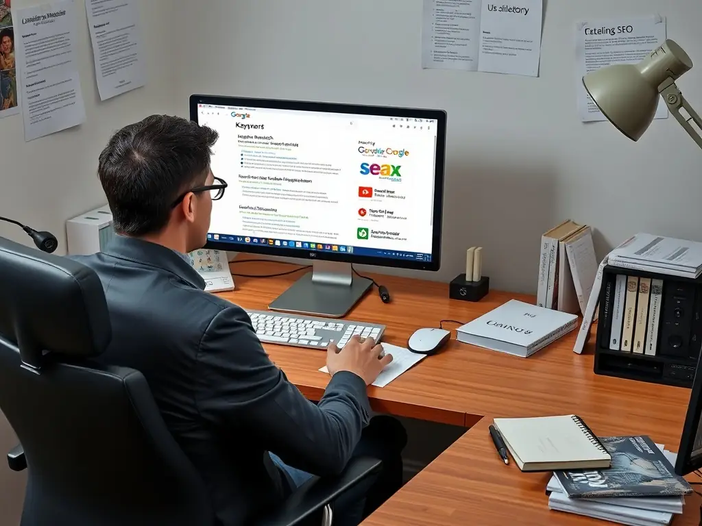 A person optimizing website SEO settings on a computer, with a focus on keyword research and website performance metrics.