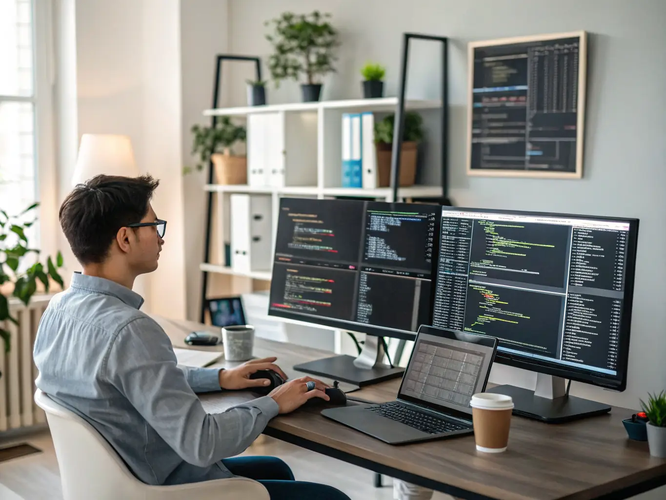 An AI specialist working on a complex algorithm on a computer, surrounded by multiple screens displaying code and data visualizations.